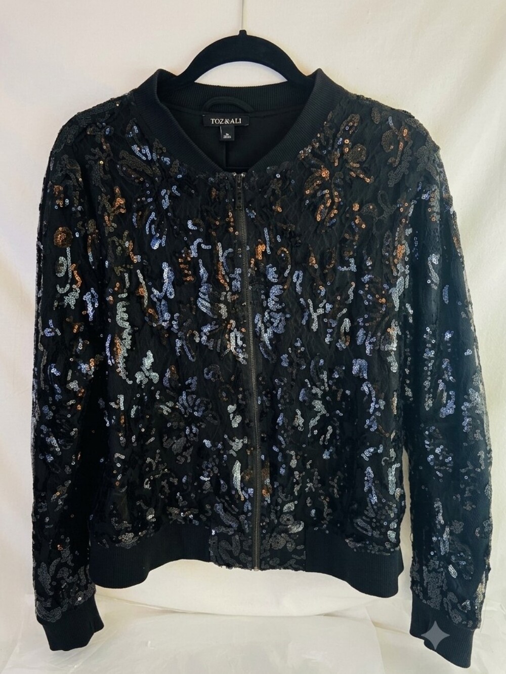 Roz & Ali Sequin Bling Bomber Jacket Women XL Black Floral Lace Shimmer Pockets